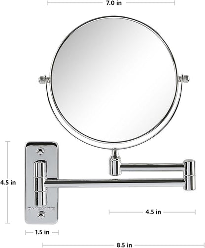 OVENTE 7" Wall Mounted Makeup Mirror with 1X/7X Magnification, Double Sided Magnifying Round Bathroom Vanity Mirror, 360° Swivel Design, Extendable and Folding Arm, Polished Chrome MNLFW70CH1X7X