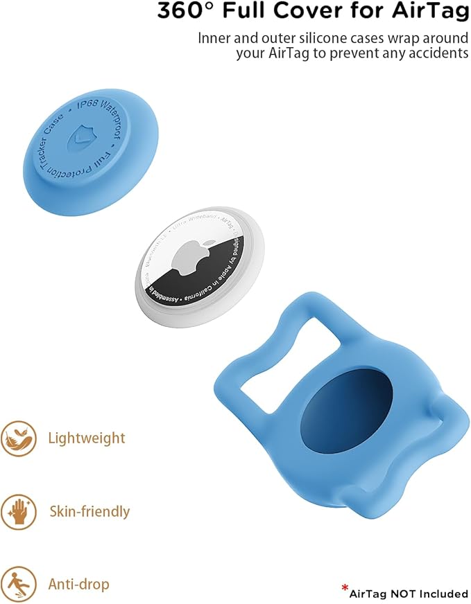 IP68 Waterpoof Dog Airtag Holder, Stretchy Silicone Full Body Covered Apple Air Tag Holder for Dog Cat Collar Fit All Width Collar (Blue, 1 Pack)-Mewly Pet
