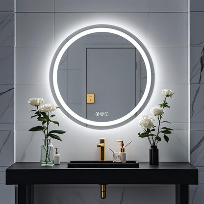 Wall-Mounted LED Round Bathroom Mirror, Makeup Mirror (24 inches x 24 inches,) 3 Color Stepless Dimmable Memory Bathroom Vanity Mirror with Lights CRI90+ 3000-6400K Smart Mirror with Touch