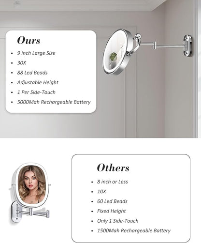 30X/1X Wall Mounted Lighted Makeup Mirror, 9'' Height Adjustable Double Sided 5000mAh Rechargeable Magnifying Bathroom Mirror with Light, 3 Color Modes Touch Dimmable Extended Arm 360 Rotation