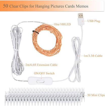 Decute 100 LED 50 Photo Clips String Lights Holder 33FT Starry Fairy Lights for Hanging Pictures Cards Memos USB Powered with Switch Perfect for Bedroom Wedding Dorm Christmas Decor (Warm White)