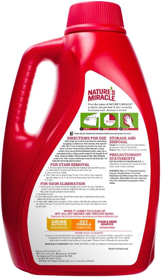 Nature’s Miracle® Advanced Stain & Odor Eliminator, 128 fl oz, Fresh Scent, Severe Mess Enzymatic Formula for Tough Pet Messes-Mewly Pet