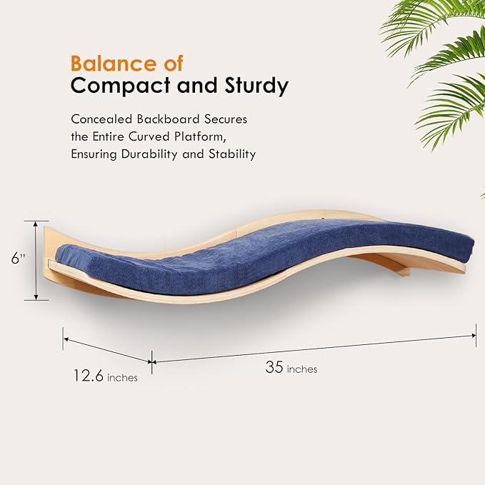 Cat Wall Shelves for Large Cats - Wall Mounted Furniture with Comfortable Cushion, Perfect Perch and Bed for Multi-Cat Households - 35 inch Wavy Shelf for Climbing, Playing, Resting, and Lounging-Mewly Pet