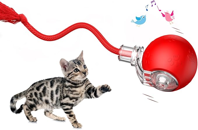 Interactive Cat Toys, Automatic Moving Cat Toys for Bored Indoor Adult Cats, Fast Rolling, Chirping & Motion-Activated Kitty Toys, Fun Gift for Cats with Speedy Tail 2.0, USB Rechargeable,Red-Mewly Pet