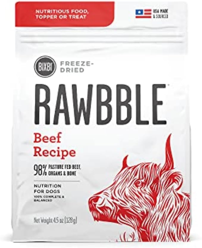 BIXBI Rawbble Freeze Dried Dog Food, Beef Recipe, 4.5 oz - 98% Meat and Organs, No Fillers - Pantry-Friendly Raw Dog Food for Meal, Treat or Food Topper - USA Made in Small Batches-Mewly Pet