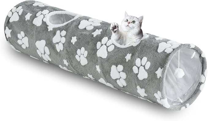 Straight Cat Tunnel for Indoor Cats 47"x12", Cute Cat Toys Collapsible Tunnel Tube with Balls for Puppy Kitten Rabbit, Grey Paw-Mewly Pet