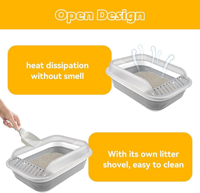 Open Cat Bedpan with Spoon,Shallow Splash Proof Travel Litter Box with Sand Drop Pedal High Side Low Entrance Cat Toilet Semi-Enclosed Adjustable for Kittens Elderly Cats Disabled Cats(Gray)-Mewly Pet