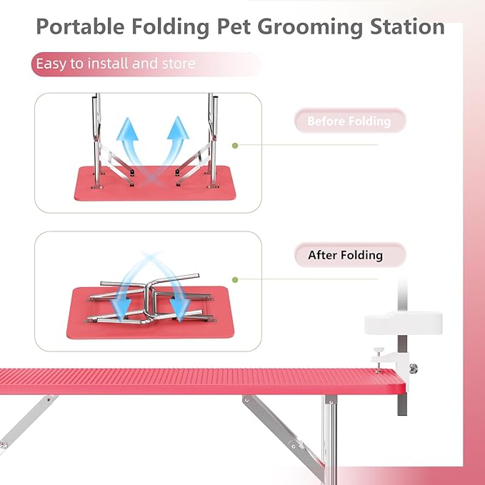 VFK 47'' Large Dog Grooming Table Stainless Steel Foldable Grooming Table for Dogs at Home Adjustable Height Arms Pet Station with Nooses, Mesh Tray, Tool Organizer-Mewly Pet