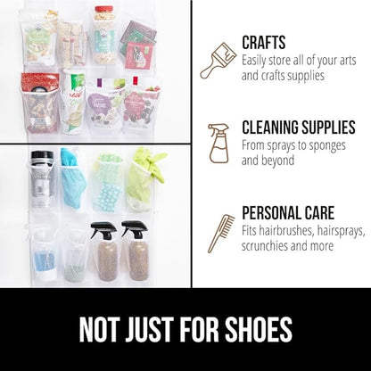GORILLA GRIP Over the Door Shoe Organizer, 24 Extra Large Breathable Mesh Pockets, Space Saving Hanging Storage Holder, 4 Hook Closet Rack Hanger, Hangs on Closets for Shoes and Accessories, White