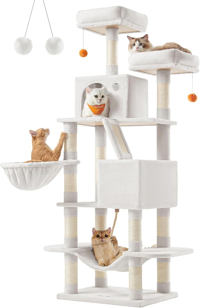 Feandrea Cat Tree, 66.1-Inch Large Cat Tower with 13 Scratching Posts, 2 Perches, 2 Caves, Basket, Hammock, Pompoms, Multi-Level Plush Cat Condo for Indoor Cats, Cream White UPCT165T01-Mewly Pet