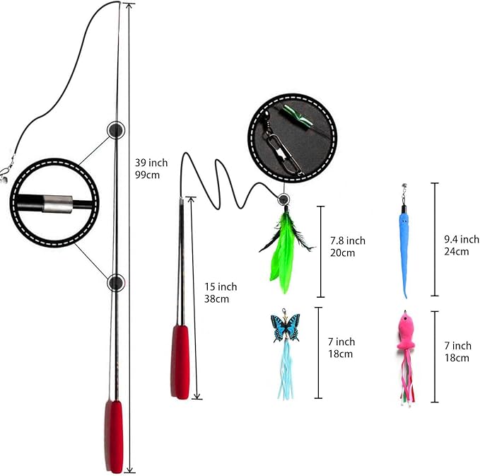 Retractable Cat Toy Wand, 12 Packs Interactive Cat Feather Toys, 9 Assorted Teaser Refills with Bell for Kitten (Pink)-Mewly Pet