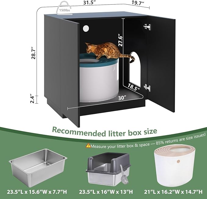 Large/Tall Litter Box Enclosure, Modern Wooden Litter Box Furniture for XL Litterbox with Hidden Storage as Sideboard Cabinet (Black)-Mewly Pet