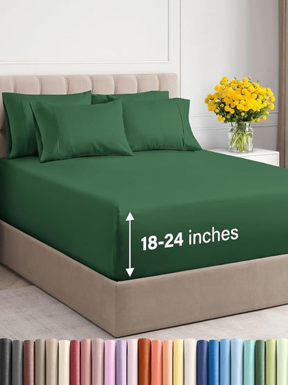 Extra Deep Queen Sheet Set - 6 Piece Breathable and Cooling Sheets - Hotel Luxury Bed Sheets Set - Easy Fit - Soft, Wrinkle Free and Comfy Sheets Set - Emerald Green Sheet Set with Extra Deep Pockets