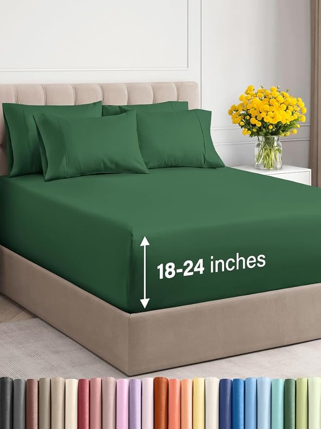 Extra Deep Full Sheet Set - 6 Piece Breathable and Cooling Sheets - Hotel Luxury Bed Sheets Set - Easy Fit - Soft, Wrinkle Free and Comfy Sheets Set - Emerald Green Sheet Set with Extra Deep Pockets