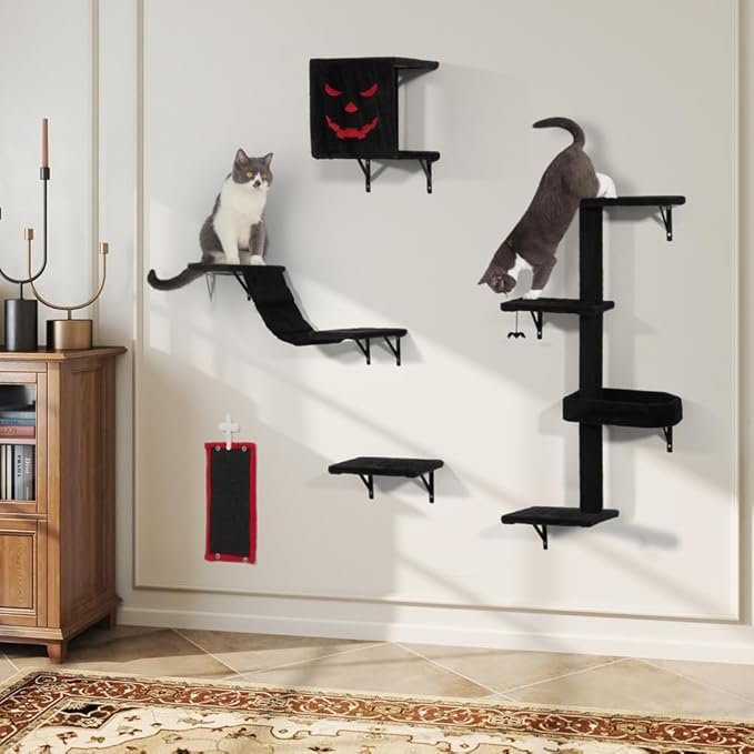 COZIWOW Wall-Mounted Cat Tree | Space-Saving Feline Furniture with Multiple Levels | Durable Scratch Post for Indoor Cats, Black&Red-Mewly Pet