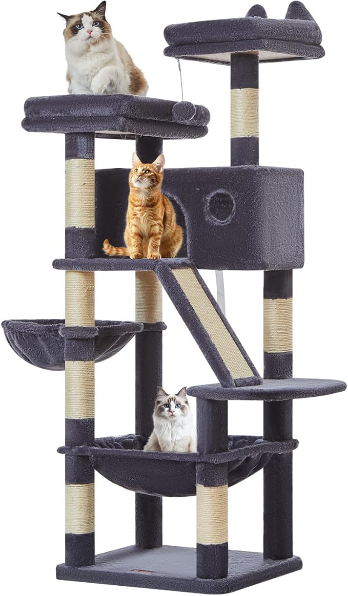 Taoqimiao Cat Tree 57.5-Inch, Cat Tower for Indoor Cats Large Adult, Extra Large Cat Condo, 8 Sisal Scratching Posts, Metal Frame Cozy Hammock, Durable Scratch Board, 2 Top Perches, Smoky Gray MS026G-Mewly Pet