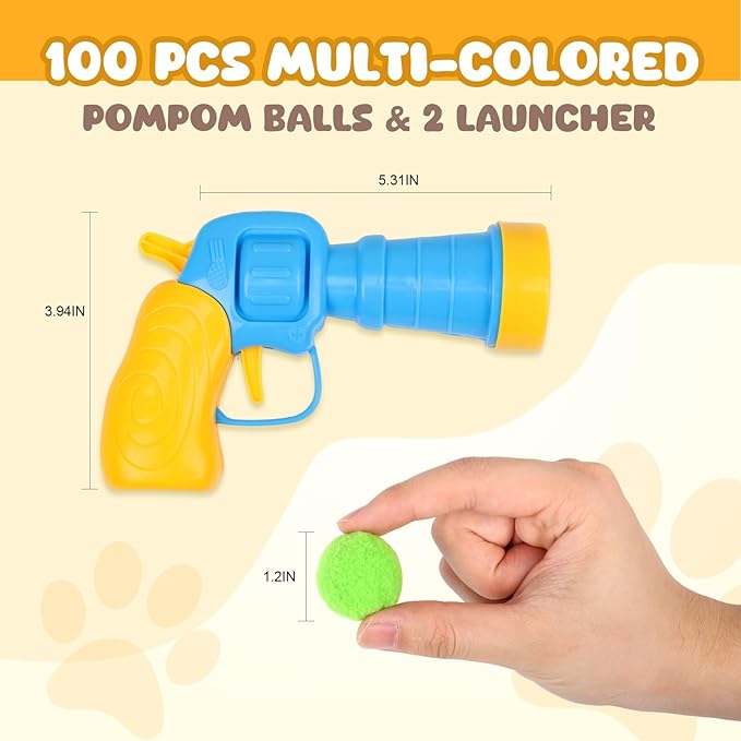 100Pcs Cat Toys Pom Pom Balls with 2 Launchers Set, Interactive Cat Toy Stuff for Indoor Both Adult & Kitten Toys-Mewly Pet