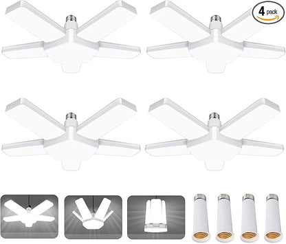 Led Garage Lights 4 Pack, Coomoors 80W LED Shop Light, 8000LM 6500K E26/E27 Garage Ceiling Light with 5 Adjustable Panels 80W-4 Pack