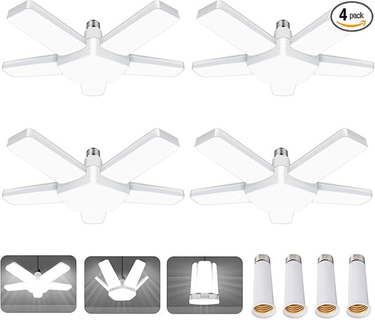 Led Garage Lights 4 Pack, Coomoors 80W LED Shop Light, 8000LM 6500K E26/E27 Garage Ceiling Light with 5 Adjustable Panels 80W-4 Pack