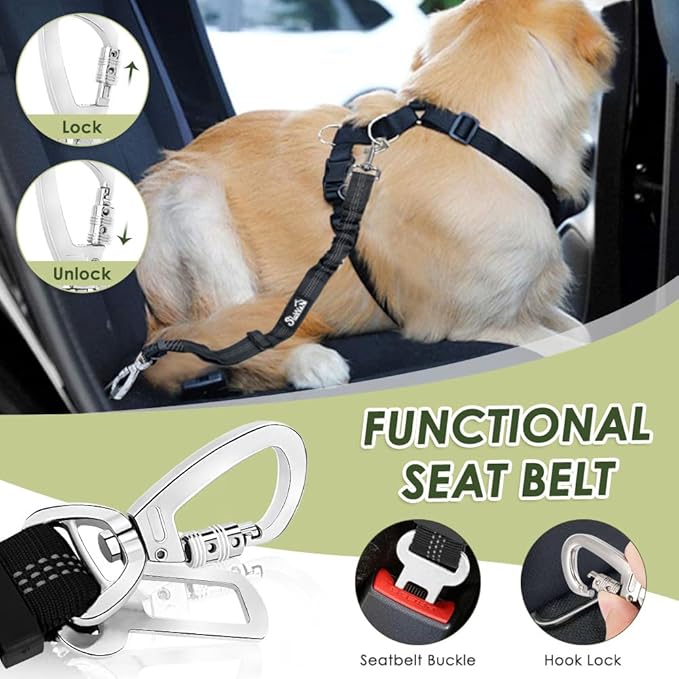 SlowTon Dog Seat Belt Harness for Car, Dog Car Harness Adjustable Mesh Breathable & Dog Seatbelt Safety Tether with Elastic Bungee for Small Medium Large Pets(Green, Double Clip, XS)-Mewly Pet
