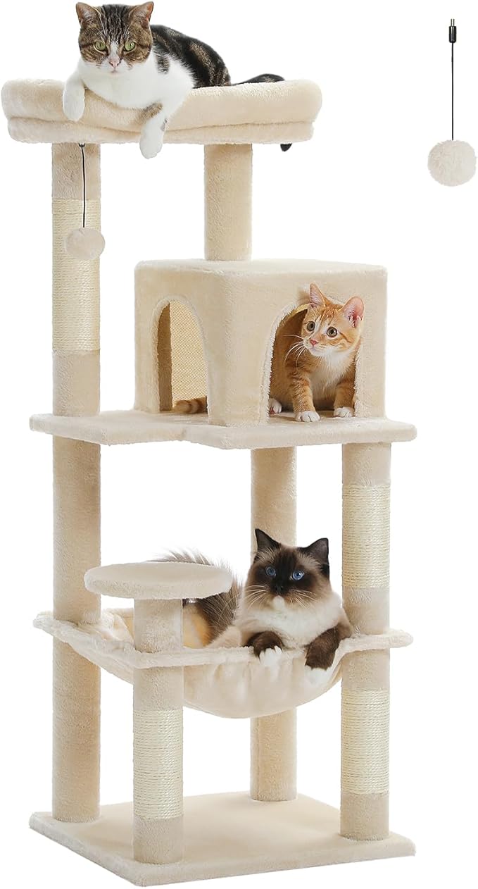 Cat Tree for Indoor Cats, 45.7" Multi-Level Cat Tower with Large Metal Frame Hammock, Cat Condo with 4 Scratching Posts and Top Perch for Small Medium Cat, Beige-Mewly Pet