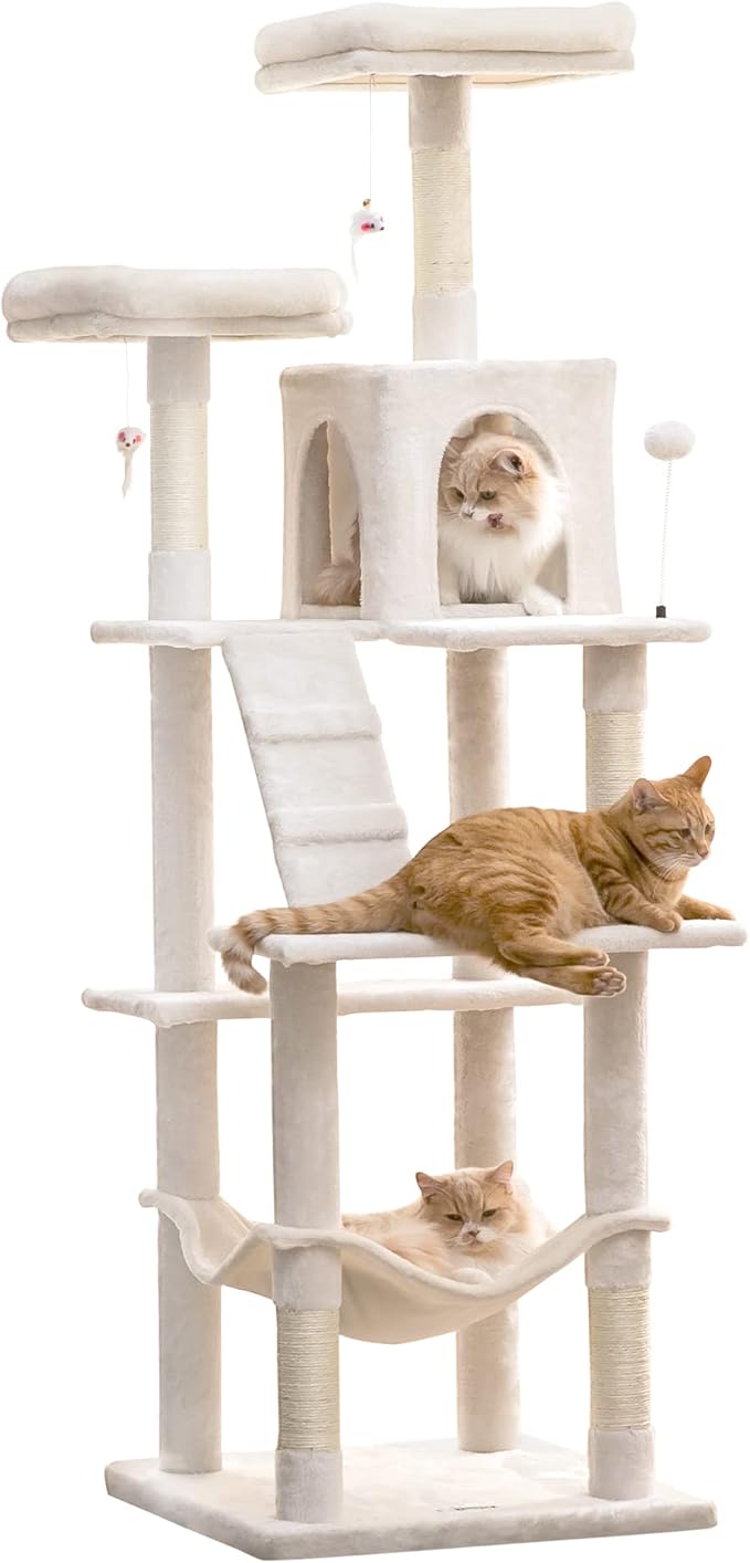 MWPO 70.1-Inch Large Cat Tree, Multi-Level Tall Cat Tower for Indoor Cats, Plush Cat Condo with Big Padded Perches, Sisal-Covered Scratching Posts, Hammock, Toys for Kittens & Cats - Beige-Mewly Pet