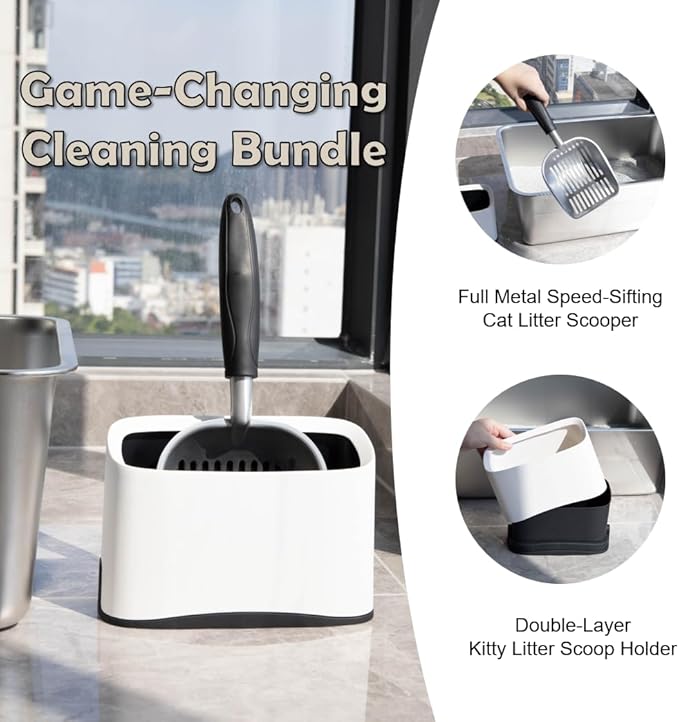 Heavy Duty Cat Litter Scoop with Holder - All Metal Cat Litter Scooper with Holder - Speed Sifter Litter Box Scooper Captures All Clumps - Aluminum Cats Littter Scooper and Caddy-Mewly Pet