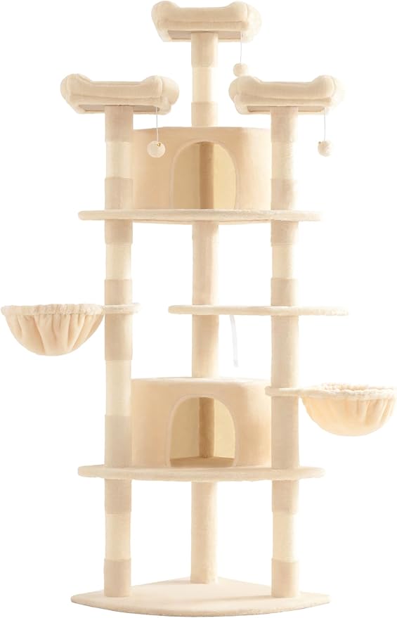 SHA CERLIN 73in Fan-Shaped Corner Cat Tower for Save Space/Multi-Level Tall Cat Tree for Indoor Kitties/Condo with Baskets/Cozy Perches/Sisal Scratching Posts/Pet Activity House/Beige-Mewly Pet