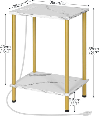 HOOBRO Side Table with Charging Station, End Table with USB Port and Outlet, Nightstand with 2-Layer Storage Shelves for Small Spaces, Living Room, Bedroom, Stable Frame, Gold and Marble DM09UBZ01