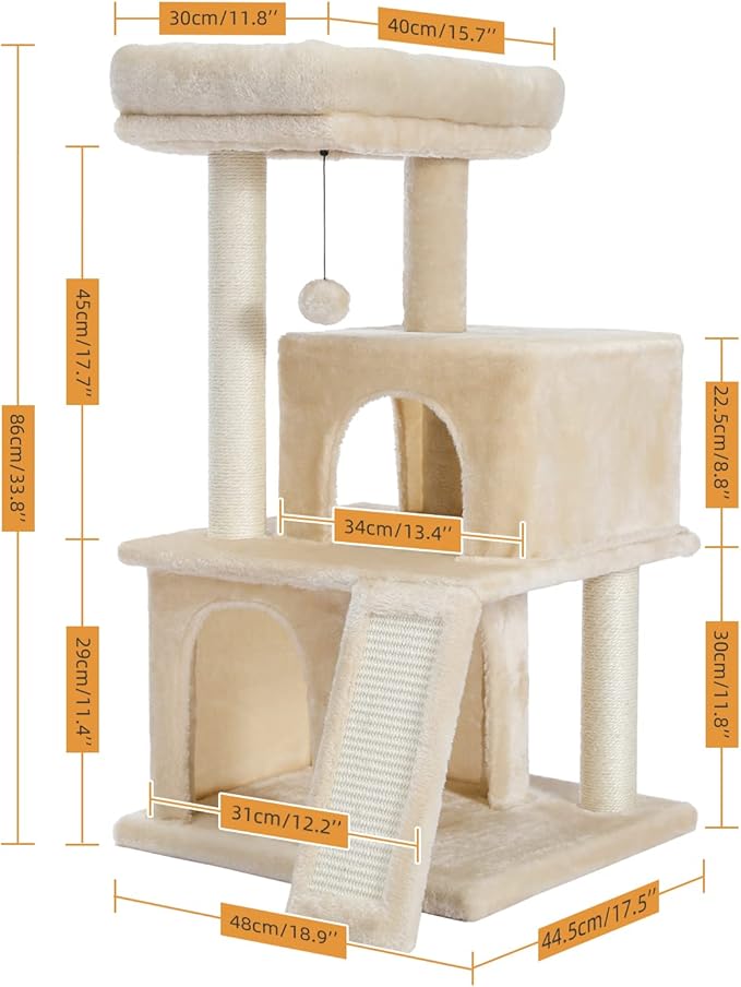 PAWZ Road Cat Tree Luxury Cat Tower with Double Condos, Spacious Perch, Fully Wrapped Scratching Sisal Posts and Replaceable Dangling Balls Beige-Mewly Pet
