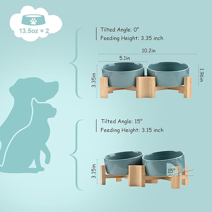 SPUNKYJUNKY 15° Slanted Ceramic Dog and Cat Bowl with Wooden Stand, Tilted Bulldog Food and Water Bowl No Slip Non-Spill for Cats Medium Dogs Big Face Pets 13.5 OZ (1.7 Cups, Light Green × 2)-Mewly Pet