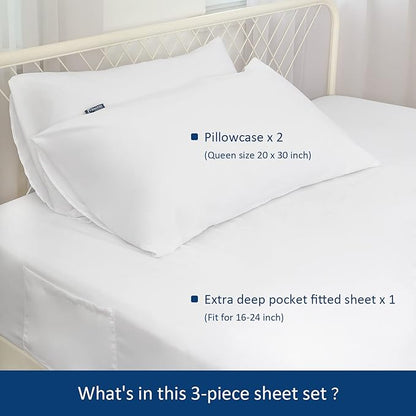 Full Size Air Mattress Sheet Set - 3 Pieces Extra Deep Pocket Full Sheet Set 16 to 24 inch - Sheets with Pocket on Side - Easily Fits Extra Deep Pillow Top Air Mattress-White