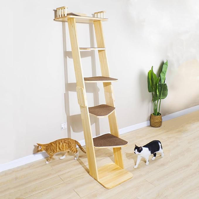 Modern 70“ Tall 6 Level Leaning Cat Climbing Ladder Tree Tower Condo with Large Perch Platform for Window Wall, Solid Wood Cat Furniture Shelves for Multiple Cats-Mewly Pet