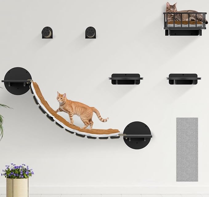 FURRY VIBES Cat Wall Shelves & Perches – 7-in-1 Cat Wall Furniture Set with Bed, Climbing Steps, Scratcher & Bridge Ladder – Black Bamboo Wall Cat Shelf for Indoor Cats-Mewly Pet