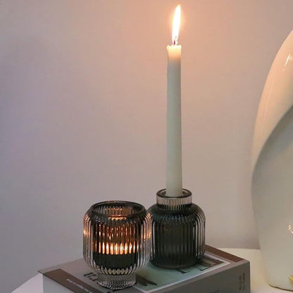 Woho Grey Ribbed Votive Candle Holders Set of 4, Vintage Tea Lights Candle Holder for Daily Home Decor, Glass Tealight Candle Holder for Halloween/Thanksgiving Decor(Grey, 3.5'' Tall 3.1'' Diameter)