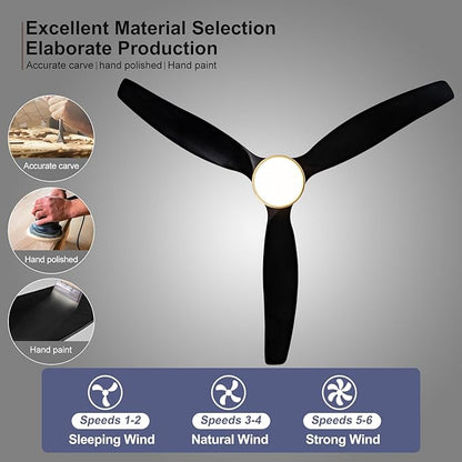 BOJUE 52 Inch Black Gold Ceiling Fans with Lights and Remote, Reversible Quite DC Motor,6 Speeds with Memory Program,Modern Farmhouse Wood Ceiling Fan with Light for Living Room Patio