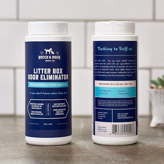 Rocco & Roxie Litter Box Odor Eliminator, Best Natural Urine Deodorizer for Cat Litter Boxes Cats Smell Control, Odor Absorber, Safe for Kitty, 12 oz-Mewly Pet