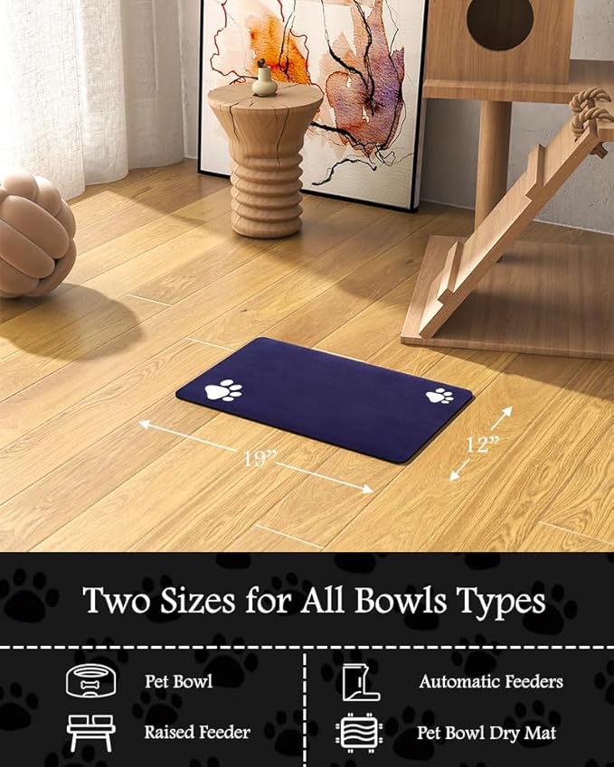 Pet Feeding Mat-Absorbent Dog Mat for Food and Water Bowl-No Stains Quick Dry Water Dispenser Mat-Dog Accessories Pet Supplies-Bowl for Messy Drinkers（Navy,12"x19"-Mewly Pet
