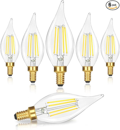 E12 LED Candelabra Bulbs 40W Equivalent, 6-Pack 4W 460LM Dimmable Candle Light, 5000K Daylight White Chandelier Bulbs, Flame Tip CA10 for Ceiling Fan, Home Decor