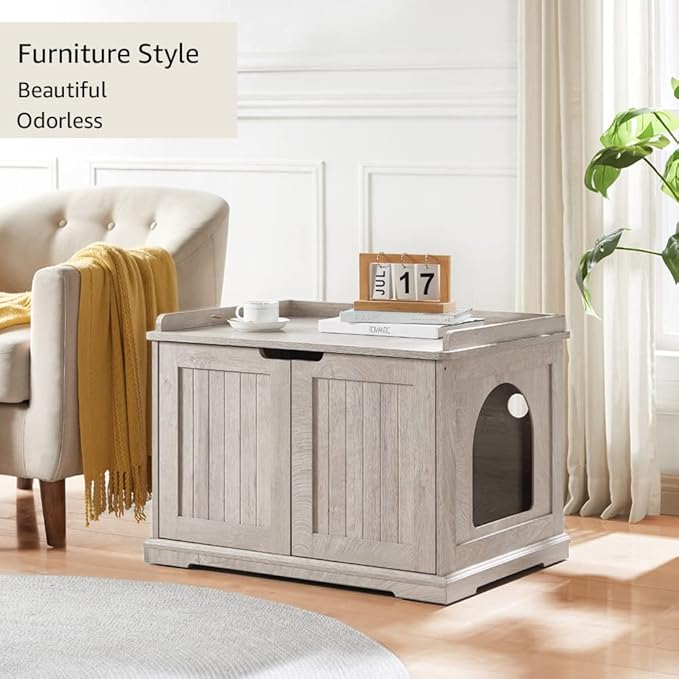 unipaws Cat Litter Box Enclosure Furniture, Hidden Litter Box Cover Washroom, Dog Proof Cabinet for Large Cat, Hideaway House, Weathered Grey-Mewly Pet