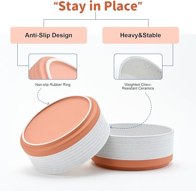 SPUNKYJUNKY Ceramic Dog and Cat Bowls 2 Pack, 6.1'' Dog and Cat Food Water Double Feeding Bowls Non-Slip for Cats and Medium Sized Breed Dogs Microwave Dishwasher Safe - 28.7 OZ, 2pcs, Pattern White-Mewly Pet