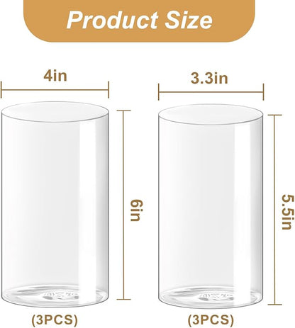 Hurricane Candle Holder,Open Ended Glass Candleholder Multiple Size Choices,Clear Cylinder Glass Candle Holder for Wedding Centerpieces(6 PCS,3 PCS H:6" D:4",3PCS H:5.5" D:3.3")