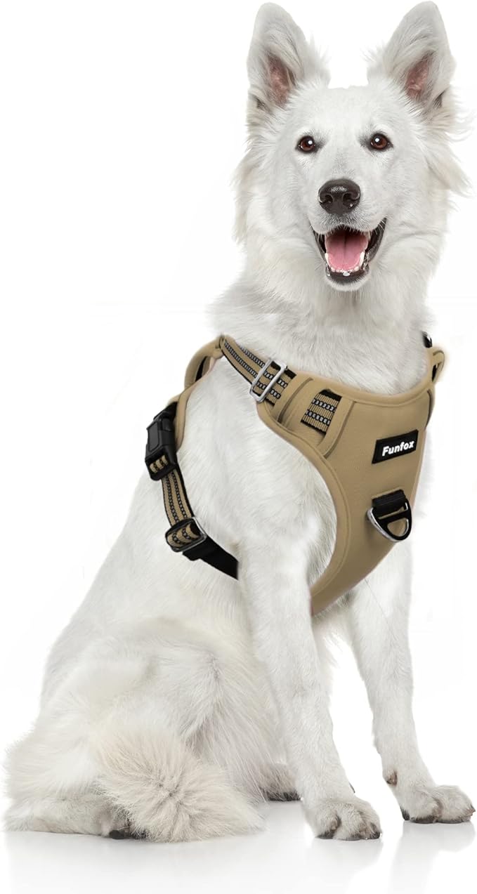 Funfox Dog Harness No Pull, Adjustable Pet Vest Harness, Super Soft Material with Vertical Handle Easy Control, Reflective Night Walking, 2 Leash Clips for XLarge Dogs, Brown, XL-Mewly Pet