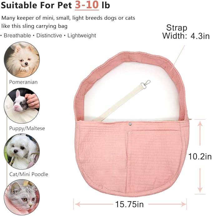 NATUYA Small Dog Carrier Sling Dog Sling Carrier for Small Dogs Puppies Cats, Big Pouch Safety Leash Pet Sling Carrier for Walking Outdoor Travel (Pink, Canvas)-Mewly Pet