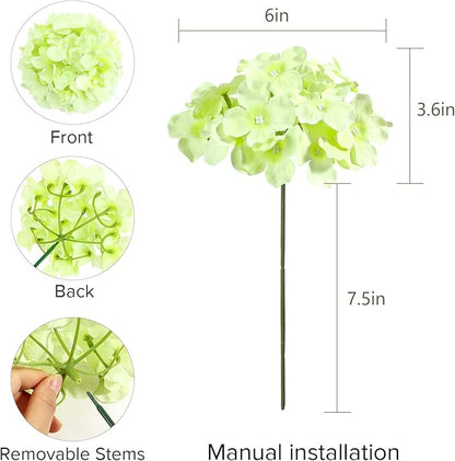 Auihiay 64 PCS Full Hydrangea Flowers, Silk Hydrangea Artificial Flowers Heads with Stems, Artificial Flowers for Wedding, Garden, Baby Shower, Party, Outdoor Indoor Decoration (Light Green)