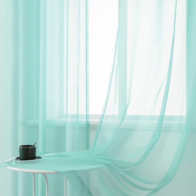 DUALIFE Aqua Blue Voile Sheer Grommet Curtains for Bedroom,Look Semi Sheer Windows Panels,Elegant Solid Color Touch Soft Drapes,52X96 Inch for Living Room 2 Panels(Seafoam Green)