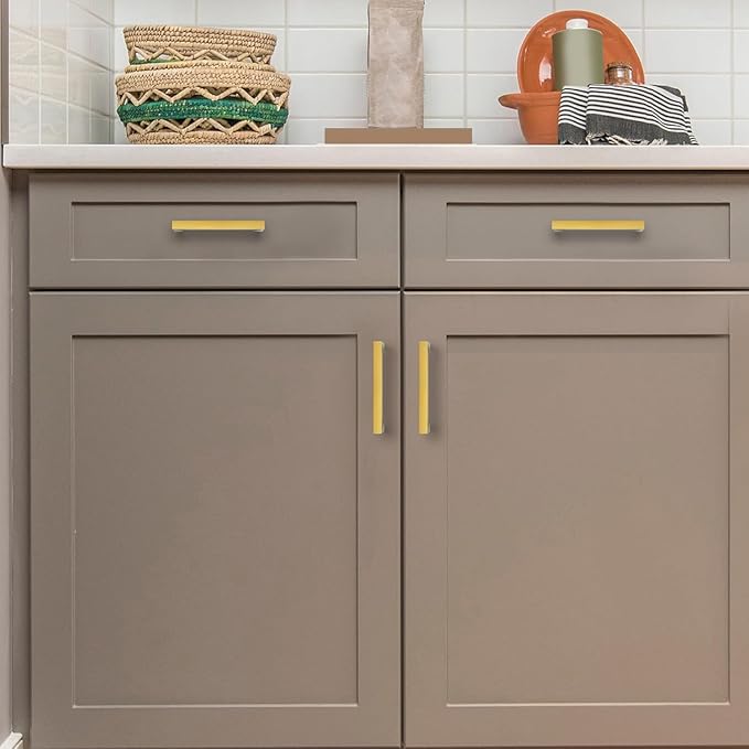 Ravinte 10 Pack Solid Kitchen Cabinet Handles Gold Slim Cabinet Pulls Drawer Pulls with 3-1/2 Inch Hole Center Square Bar Kitchen Cabinet Hardware Brushed Brass Cabinet pulls