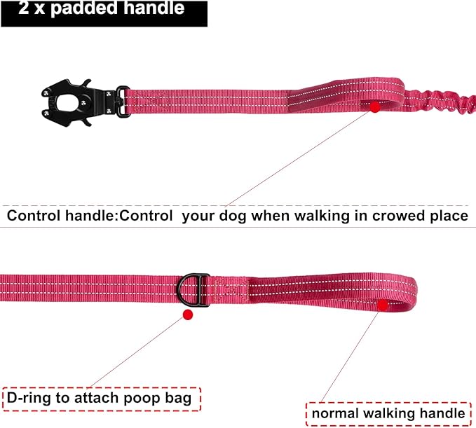 ICEFANG Tactical Dog Leash,K9 Training Walking Bungee Lead with 2 Control Handle,Heavy Duty Quick Release Metal Clasp,for Medium Large Breed (Reflective Pink, 6 FT)-Mewly Pet