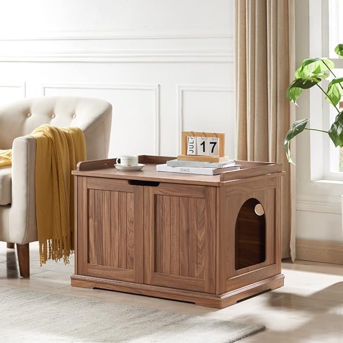 unipaws Cat Litter Box Enclosure Furniture, Hidden Litter Box Cover Washroom, Dog Proof Cabinet House for Large Cat, Hideaway Litter Box, Walnut-Mewly Pet