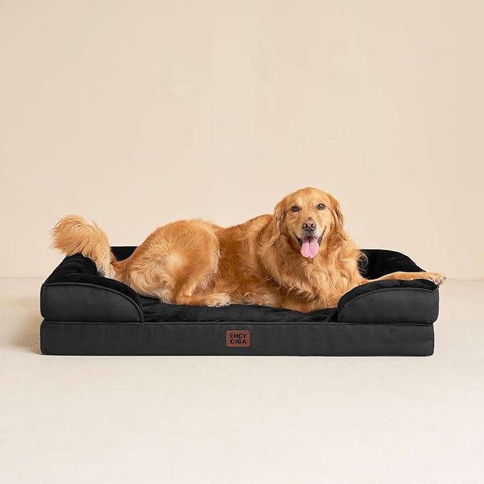 EHEYCIGA Orthopedic Dog Beds for Large Dogs, Waterproof Memory Foam Large Dog Bed with Sides, Non-Slip Bottom and Egg-Crate Foam Pet Couch Bed with Washable Removable Cover, Black-Mewly Pet
